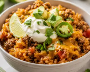 Close-up taco rice bowl with ground beef, cheesy rice, sour cream, avocado, jalapeños, cilantro, and lime in a ceramic bowl.