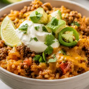- Taco Ground Beef Rice Bowl Close-up taco rice bowl with ground beef, cheesy rice, sour cream, avocado, jalapeƱos, cilantro, and lime in a ceramic bowl.
