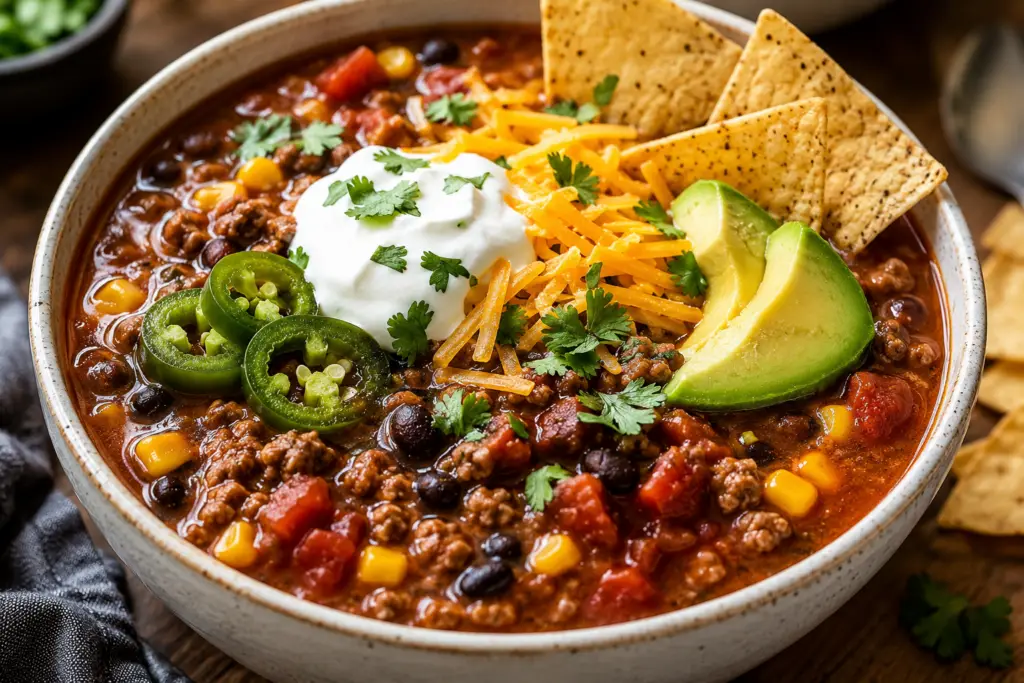 Close-up of hearty taco soup with ground beef, black beans, corn, avocado, cheddar cheese, sour cream, jalapeños, and tortilla chips in a ceramic bowl
