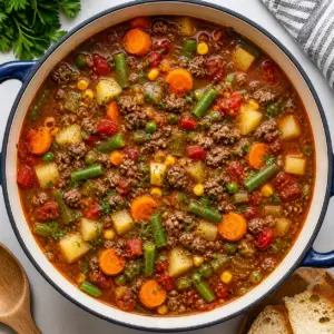overhead shot of ground beef vegetable soup in dutch oven with fresh vegetables and herbs