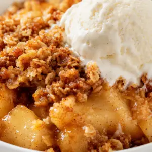Close-up of homemade apple crisp in a white bowl topped with vanilla ice cream, featuring tender cinnamon apples and a buttery oat crumble topping.