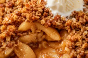 Extreme close-up of homemade apple crisp with a scoop removed, revealing tender baked cinnamon apples, caramelized filling, and a crispy buttery oat crumble.