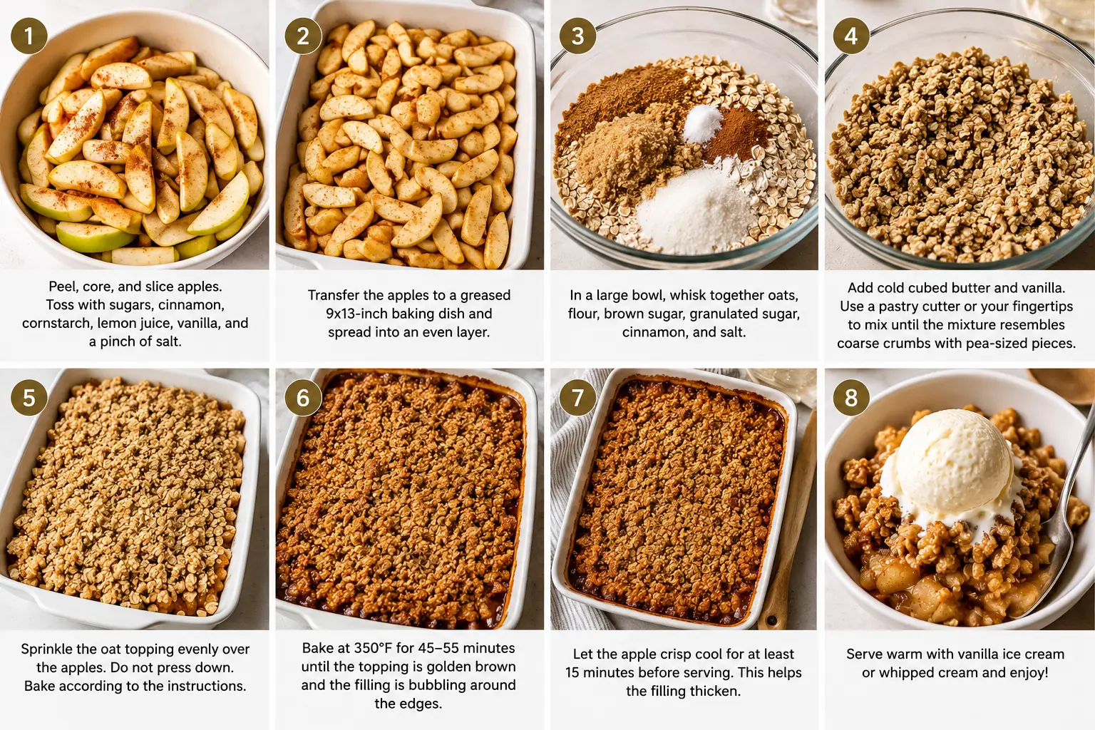 apple crisp- Homemade Apple Crisp Step-by-step collage showing how to make homemade apple crisp with fresh apples, cinnamon filling, buttery oat crumble topping, baking instructions, and the finished dessert served warm with vanilla ice cream.