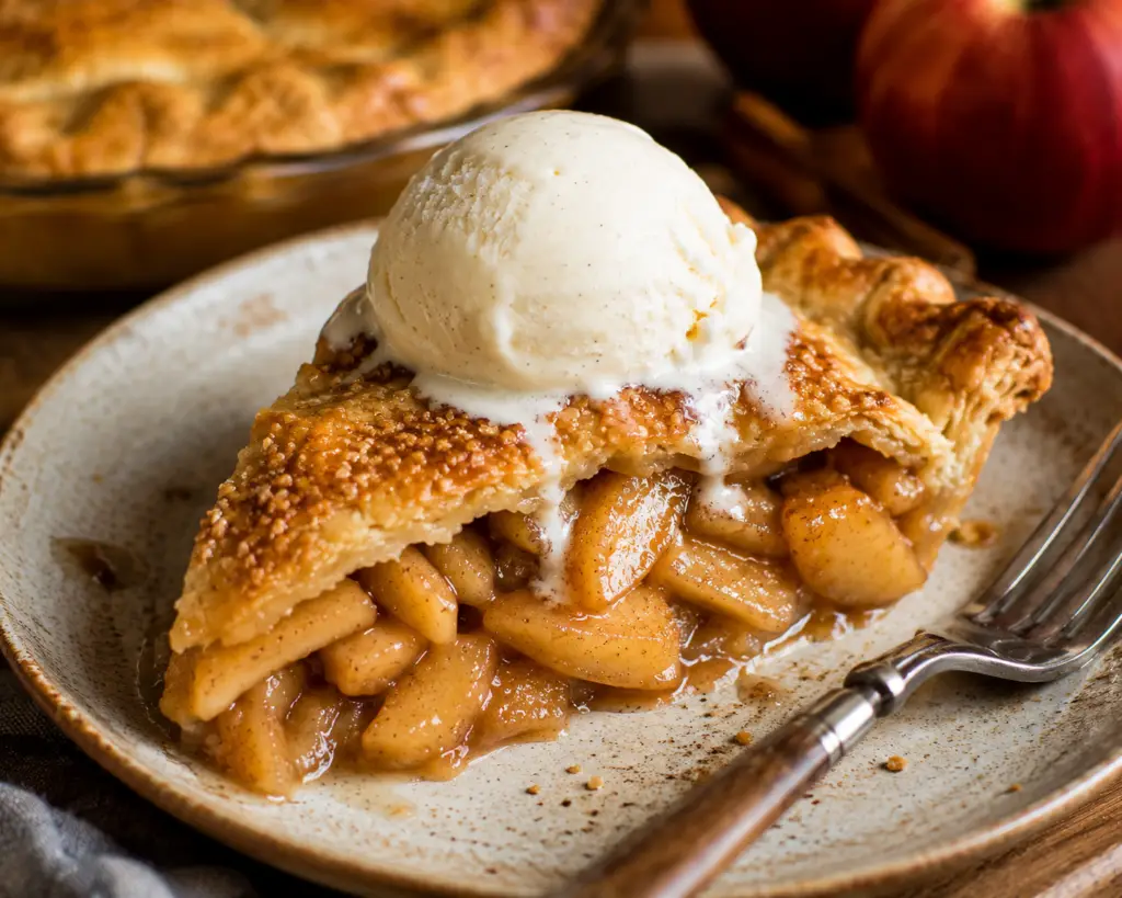 Slice of homemade apple pie on a rustic plate topped with melting vanilla ice cream and flaky golden crust.