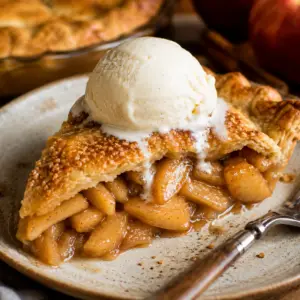 Slice of homemade apple pie on a rustic plate topped with melting vanilla ice cream and flaky golden crust.
