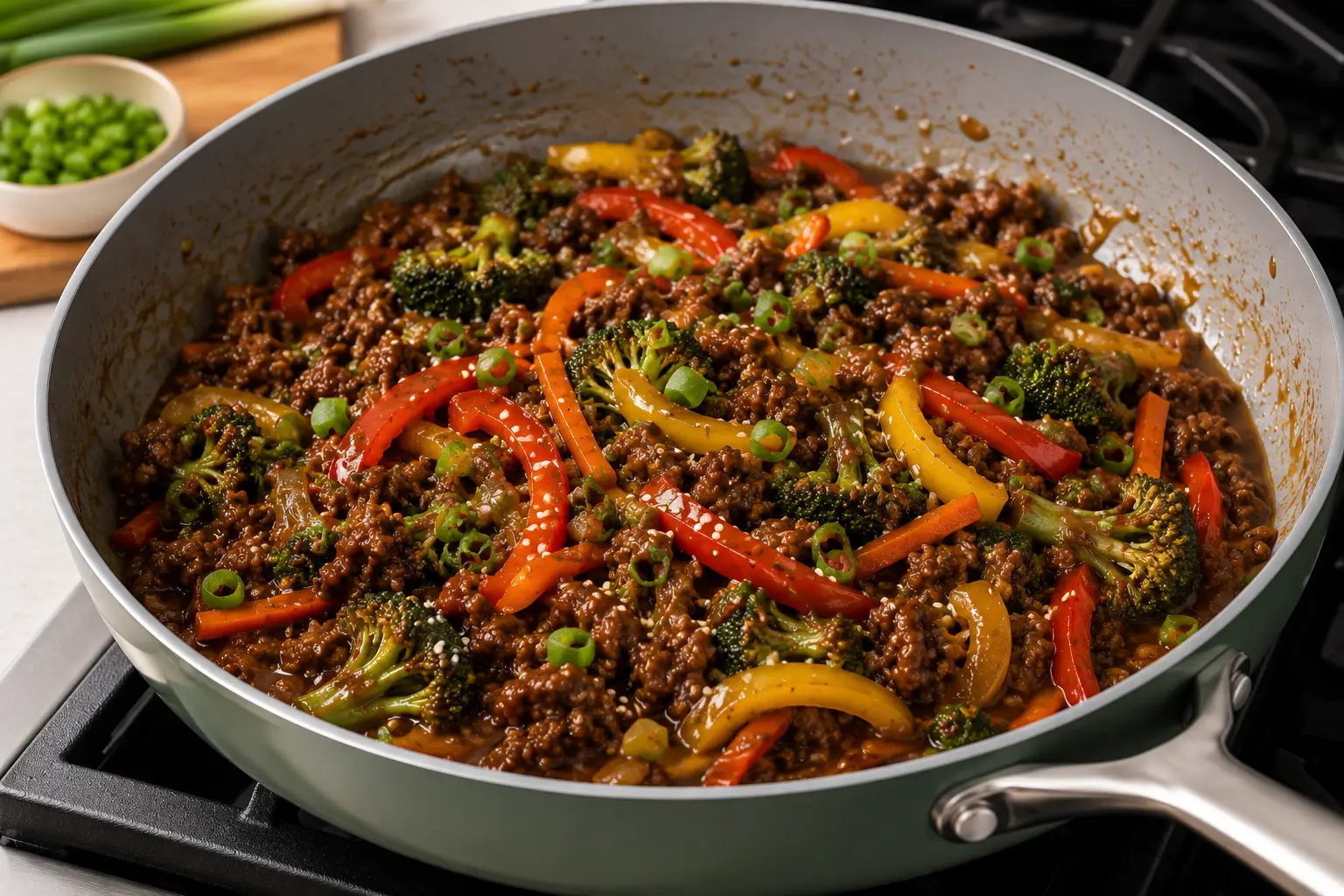 Asian ground beef stir fry with broccoli, bell peppers, carrots, and savory stir fry sauce served in a sage green skillet on a stovetop.