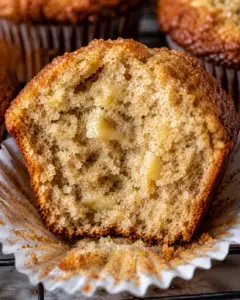 Split homemade banana muffin showing a soft, moist interior with tender banana pieces and a fluffy crumb.