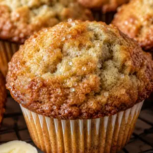 Close-up of moist bakery-style banana muffins with golden domed tops, coarse sugar, and cinnamon baked from scratch.