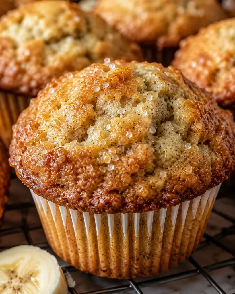 Close-up of moist bakery-style banana muffins with golden domed tops, coarse sugar, and cinnamon baked from scratch.