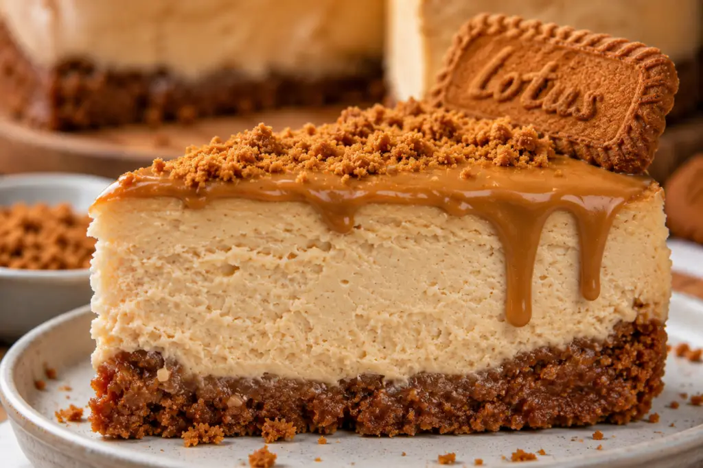 Close-up of a creamy Biscoff cheesecake slice topped with cookie butter glaze and crushed Biscoff cookies, featuring a rustic cookie crust and silky cheesecake filling.