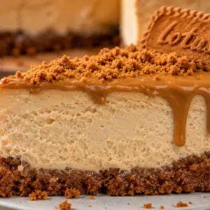 - The Ultimate Biscoff Cheesecake Recipe Close-up of a creamy Biscoff cheesecake slice topped with cookie butter glaze and crushed Biscoff cookies, featuring a rustic cookie crust and silky cheesecake filling.