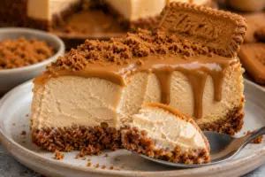 Spoon lifting a creamy bite of Biscoff cheesecake with cookie butter topping and rustic Biscoff cookie crust.