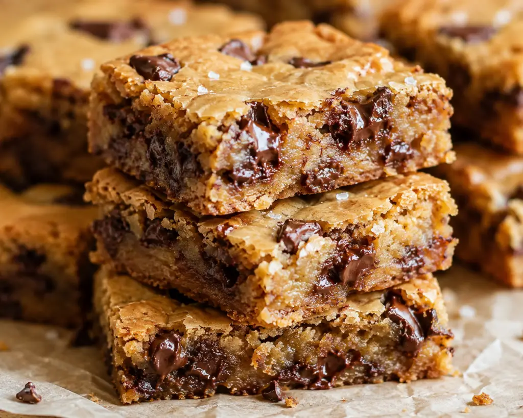 Stack of chewy brown butter blondies with melty chocolate chunks, flaky sea salt, crisp golden edges, and soft gooey centers on parchment paper.