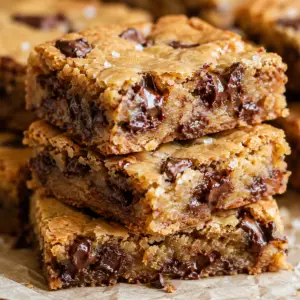 Stack of chewy brown butter blondies with melty chocolate chunks, flaky sea salt, crisp golden edges, and soft gooey centers on parchment paper.