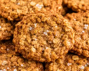 Bakery-style brown butter oatmeal cookies with warm spices and flaky sea salt stacked together, featuring chewy centers, crisp edges, and old-fashioned rolled oats.