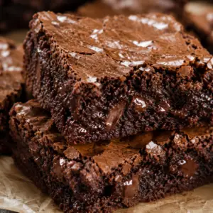 brownies from scratch- Brownies From Scratch Stack of fudgy chocolate brownies with shiny crackly tops, gooey chocolate centers, and flaky sea salt on parchment paper.