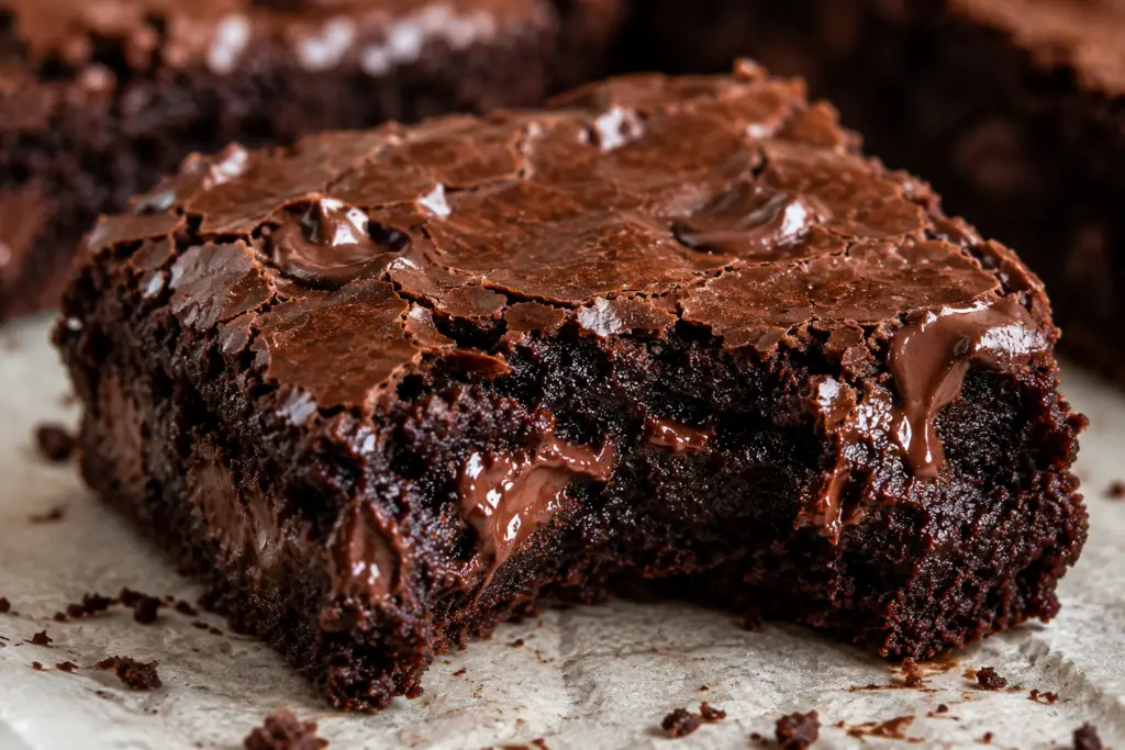 Close-up of a fudgy brownie without eggs with a bite taken out, revealing a gooey chocolate center and rich, chewy texture.