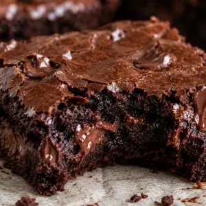Close-up of a fudgy brownie without eggs with a bite taken out, revealing a gooey chocolate center and rich, chewy texture.