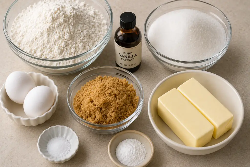 Overhead view of sugar cookie ingredients including flour, butter, brown sugar, granulated sugar, eggs, vanilla extract, baking soda, cornstarch, and salt arranged in bowls.