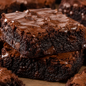 Stack of thick homemade chocolate brownies made with cocoa powder featuring glossy crackly tops, fudgy centers, and melted chocolate chips in a close-up macro food photograph.
