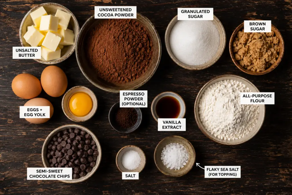 Overhead photo of labeled ingredients for homemade chocolate brownies with cocoa powder including butter, cocoa powder, sugar, eggs, flour, chocolate chips, vanilla, espresso powder, and sea salt.