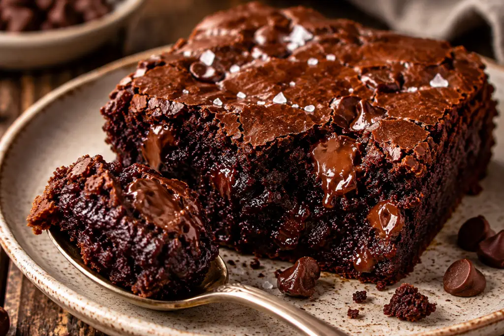 Fudgy chocolate brownie made with cocoa powder on a rustic ceramic plate with a spoonful removed to reveal the rich, gooey chocolate center and crackly top.