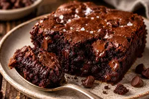Fudgy chocolate brownie made with cocoa powder on a rustic ceramic plate with a spoonful removed to reveal the rich, gooey chocolate center and crackly top.
