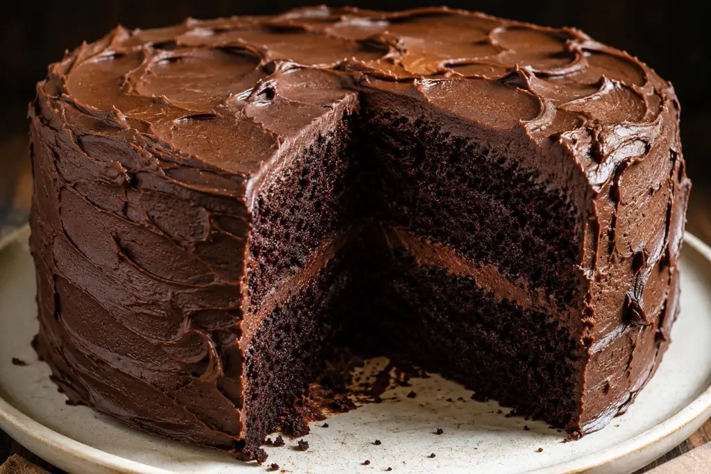 Moist two-layer chocolate cake with rustic chocolate buttercream frosting, deep chocolate crumb, and smooth bakery-style finish on a ceramic serving plate.