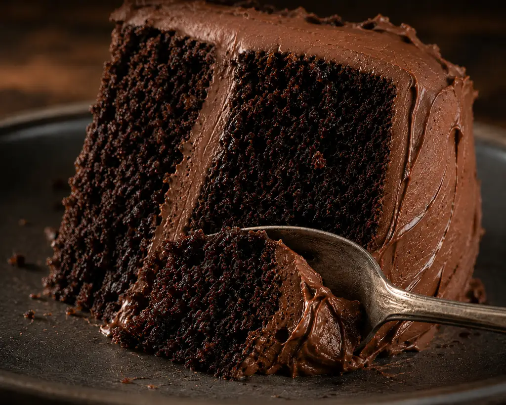 Close-up chocolate cake slice with a spoonful removed, revealing moist chocolate crumb and creamy chocolate buttercream frosting