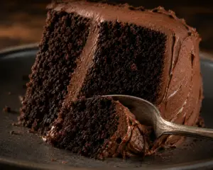 Close-up chocolate cake slice with a spoonful removed, revealing moist chocolate crumb and creamy chocolate buttercream frosting