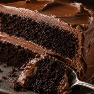 Close-up slice of moist chocolate cake with smooth chocolate buttercream layers and rich dark chocolate crumb on a rustic plate.