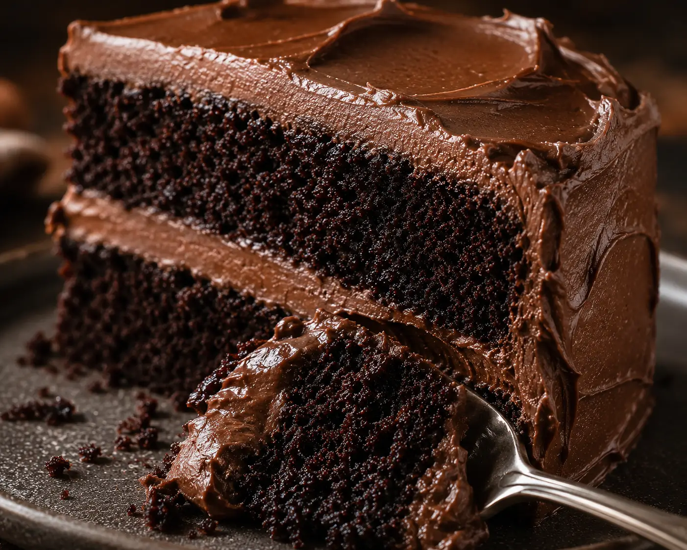 Close-up slice of moist chocolate cake with smooth chocolate buttercream layers and rich dark chocolate crumb on a rustic plate.