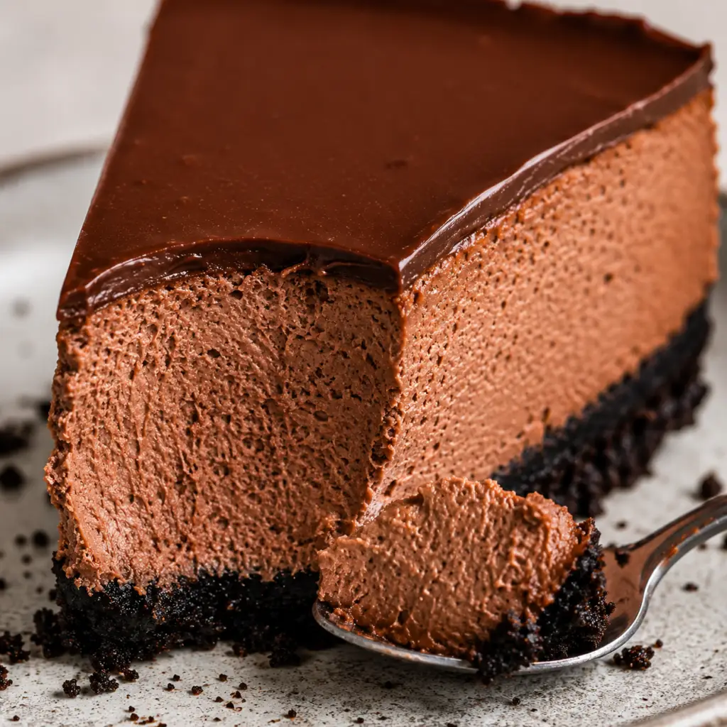 Close-up slice of chocolate cheesecake with a spoonful removed, revealing the creamy chocolate filling and Oreo cookie crust beneath a smooth ganache topping.