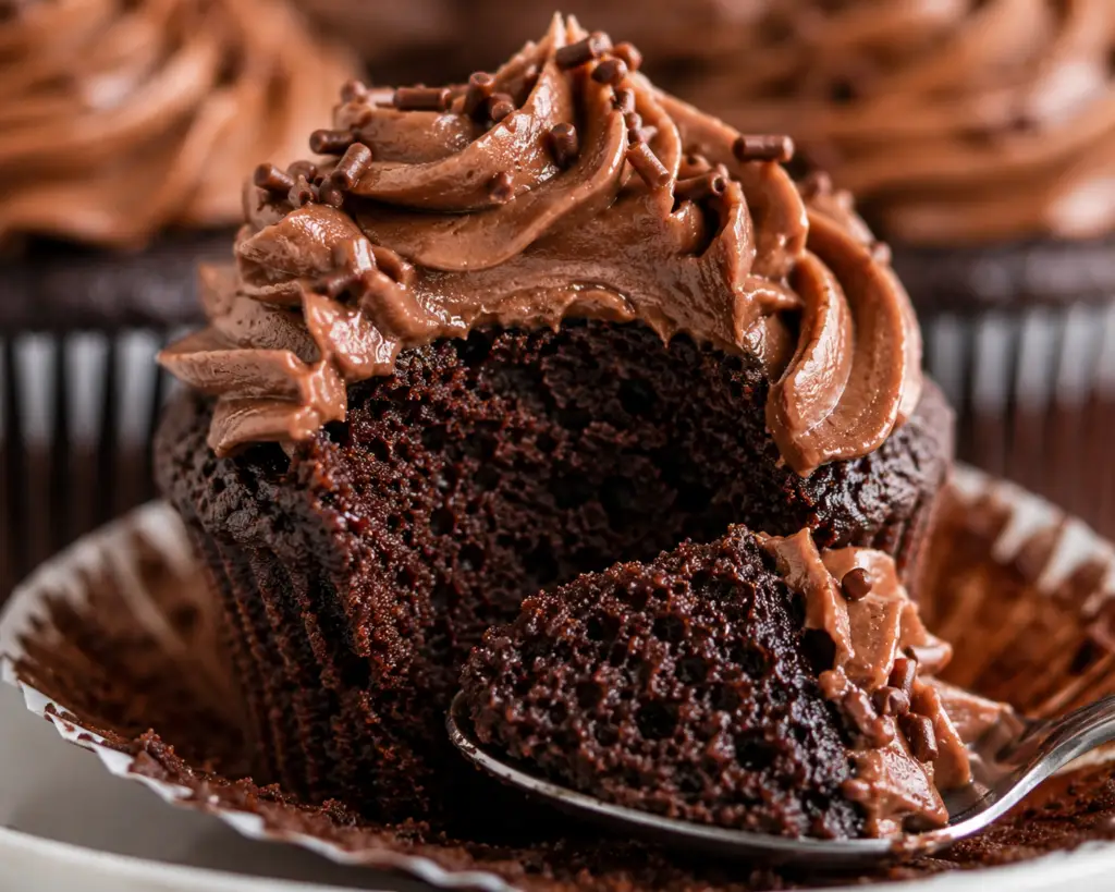 Close-up of a moist chocolate cupcake with the wrapper peeled down and a spoonful removed from the front, revealing a rich, tender chocolate crumb beneath silky chocolate buttercream frosting.