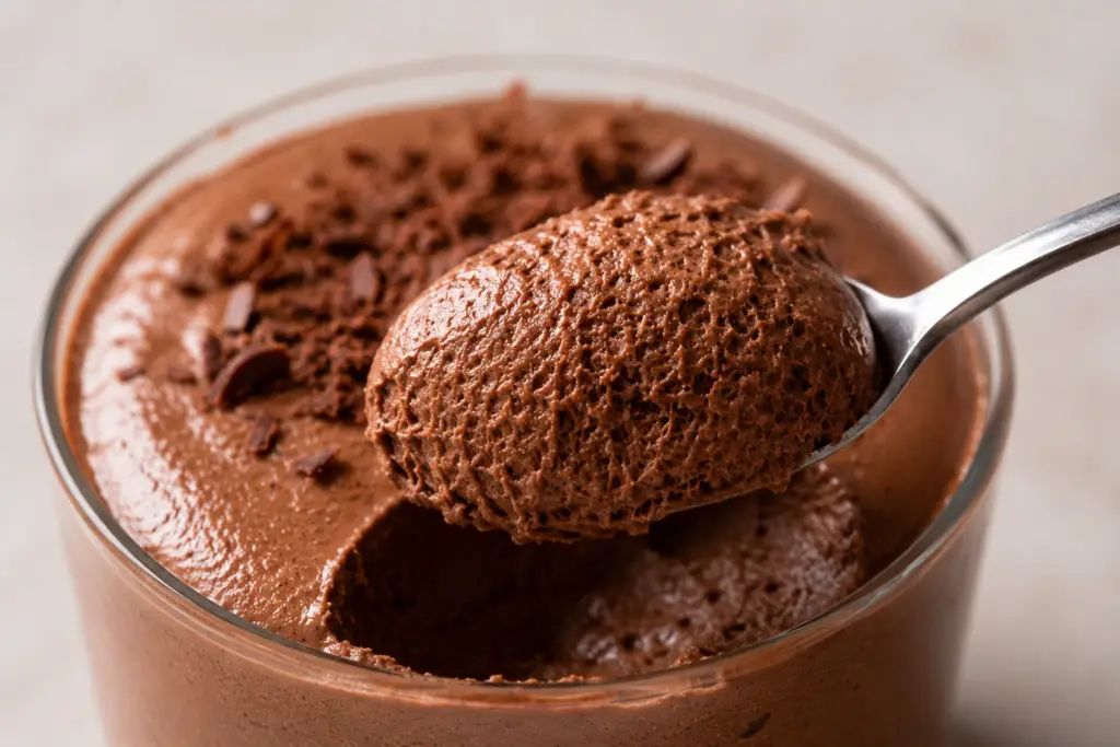 Close-up of a spoon lifting a fluffy scoop of homemade chocolate mousse to reveal its light, creamy, airy texture with chocolate shavings on top.