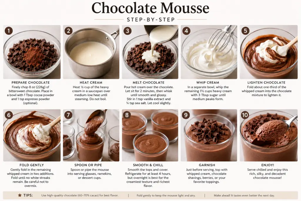 Step-by-step collage showing how to make homemade chocolate mousse, including melting chocolate, whipping cream, folding the mixture, piping into glasses, chilling, and serving.