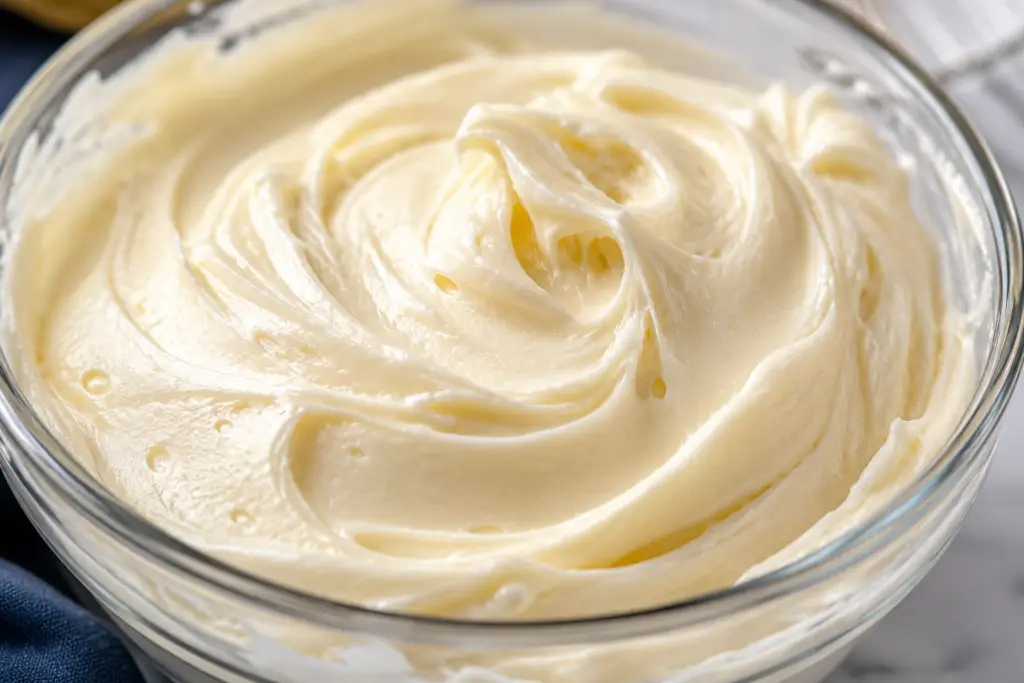 Close-up of homemade cream cheese frosting swirled into soft peaks inside a clear glass bowl, showcasing its thick, smooth, creamy texture and glossy finish.