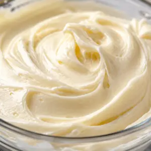 Close-up of homemade cream cheese frosting swirled into soft peaks inside a clear glass bowl, showcasing its thick, smooth, creamy texture and glossy finish.