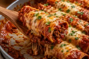 Close-up of a cheesy ground beef enchilada being lifted from a skillet with a wooden spatula, showing melted cheese, seasoned beef filling, and enchilada sauce.