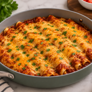 Cheesy ground beef enchiladas baked in a sage-green skillet with red enchilada sauce, melted golden cheese, and fresh cilantro garnish on a rustic wooden table.