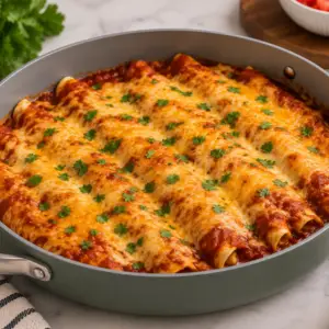 Cheesy ground beef enchiladas baked in a sage-green skillet with red enchilada sauce, melted golden cheese, and fresh cilantro garnish on a rustic wooden table.