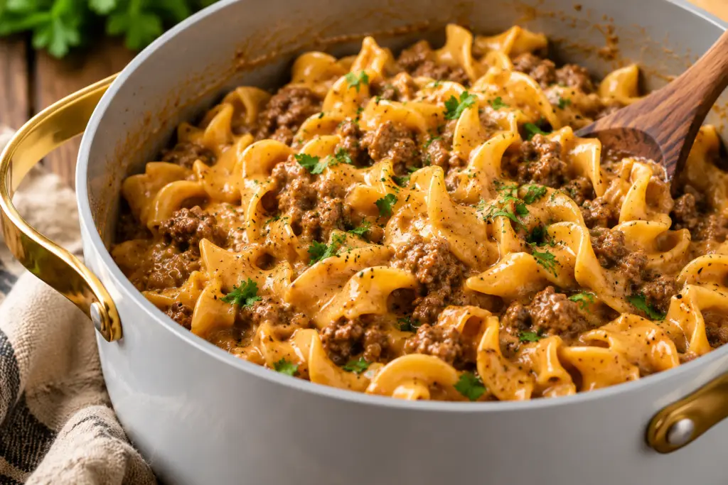 Close-up of creamy one-pot ground beef and egg noodles cooked in a white Caraway-style Dutch oven with a light gray ceramic interior, garnished with parsley and black pepper on a rustic wooden table.