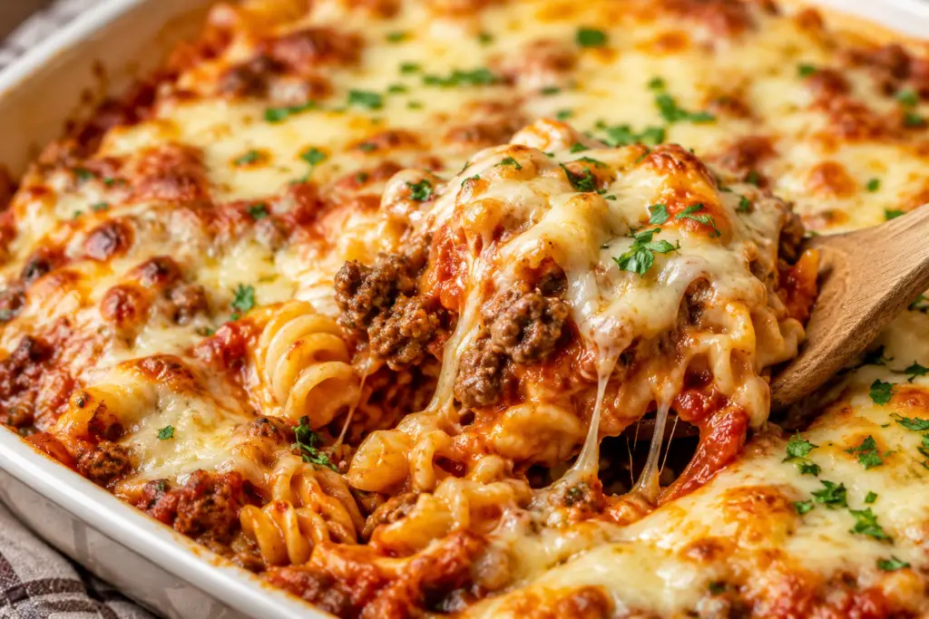 Close-up of a baked ground beef pasta casserole in a navy ceramic baking dish topped with golden melted mozzarella cheese, seasoned ground beef, rotini pasta, and fresh parsley.