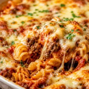 Close-up of a baked ground beef pasta casserole in a navy ceramic baking dish topped with golden melted mozzarella cheese, seasoned ground beef, rotini pasta, and fresh parsley.