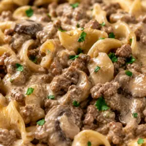 - Ground Beef Stroganoff Close-up of creamy ground beef stroganoff with tender egg noodles, sautéed mushrooms, and savory ground beef coated in a rich sour cream sauce and garnished with fresh parsley.