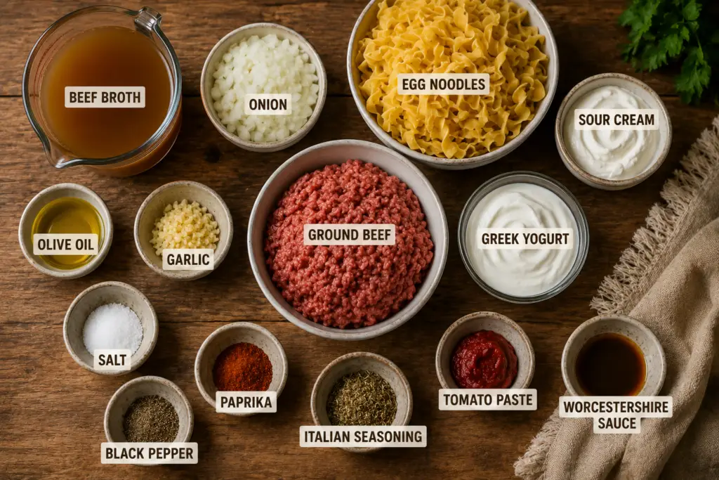 Overhead view of labeled ingredients for ground beef and noodles including beef broth, ground beef, egg noodles, onion, garlic, Greek yogurt, sour cream, Worcestershire sauce, tomato paste, and seasonings.