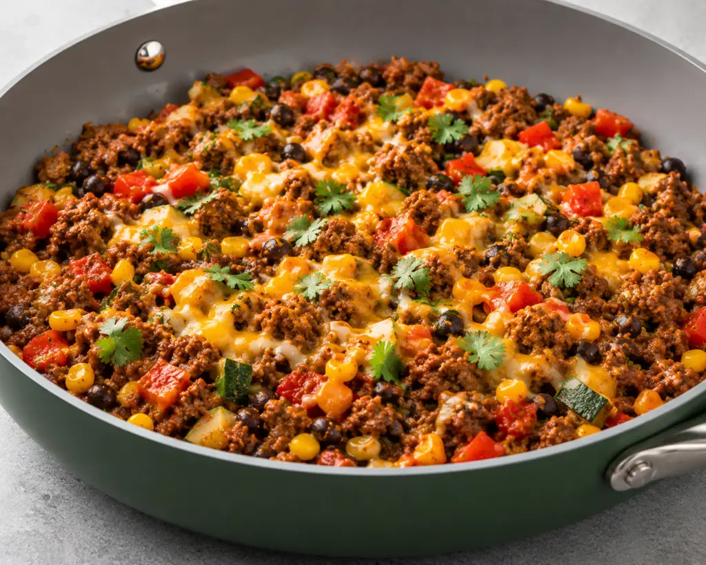 Close-up of a low calorie ground beef Mexican skillet made with lean ground beef, black beans, corn, bell peppers, zucchini, melted cheese, and fresh cilantro in a dark sage green Caraway skillet.