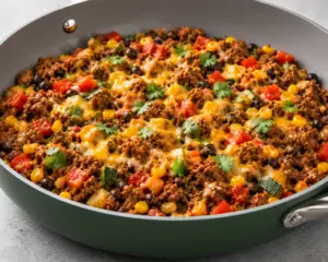 Close-up of a low calorie ground beef Mexican skillet made with lean ground beef, black beans, corn, bell peppers, zucchini, melted cheese, and fresh cilantro in a dark sage green Caraway skillet.