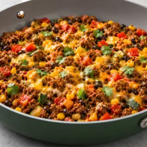 Close-up of a low calorie ground beef Mexican skillet made with lean ground beef, black beans, corn, bell peppers, zucchini, melted cheese, and fresh cilantro in a dark sage green Caraway skillet.