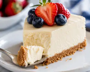 Close-up of a slice of creamy no-bake cheesecake with a forkful removed from the tip, revealing its light, silky texture and buttery graham cracker crust, topped with fresh strawberries and blueberries.